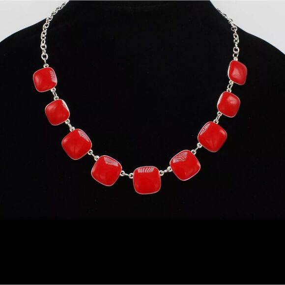 Silver Necklace & Earrings with Gloss Red Enamel NWT 18" - Picture 3 of 5